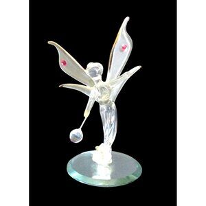 Glass Fairy Figurine With Crystal Ball Pink Accents & Gold-Tipped Wings On Round